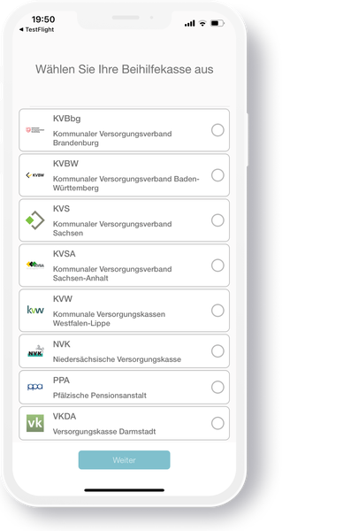Bildschirm der App mit Auswahlmöglichkeiten der Beihilfekassen